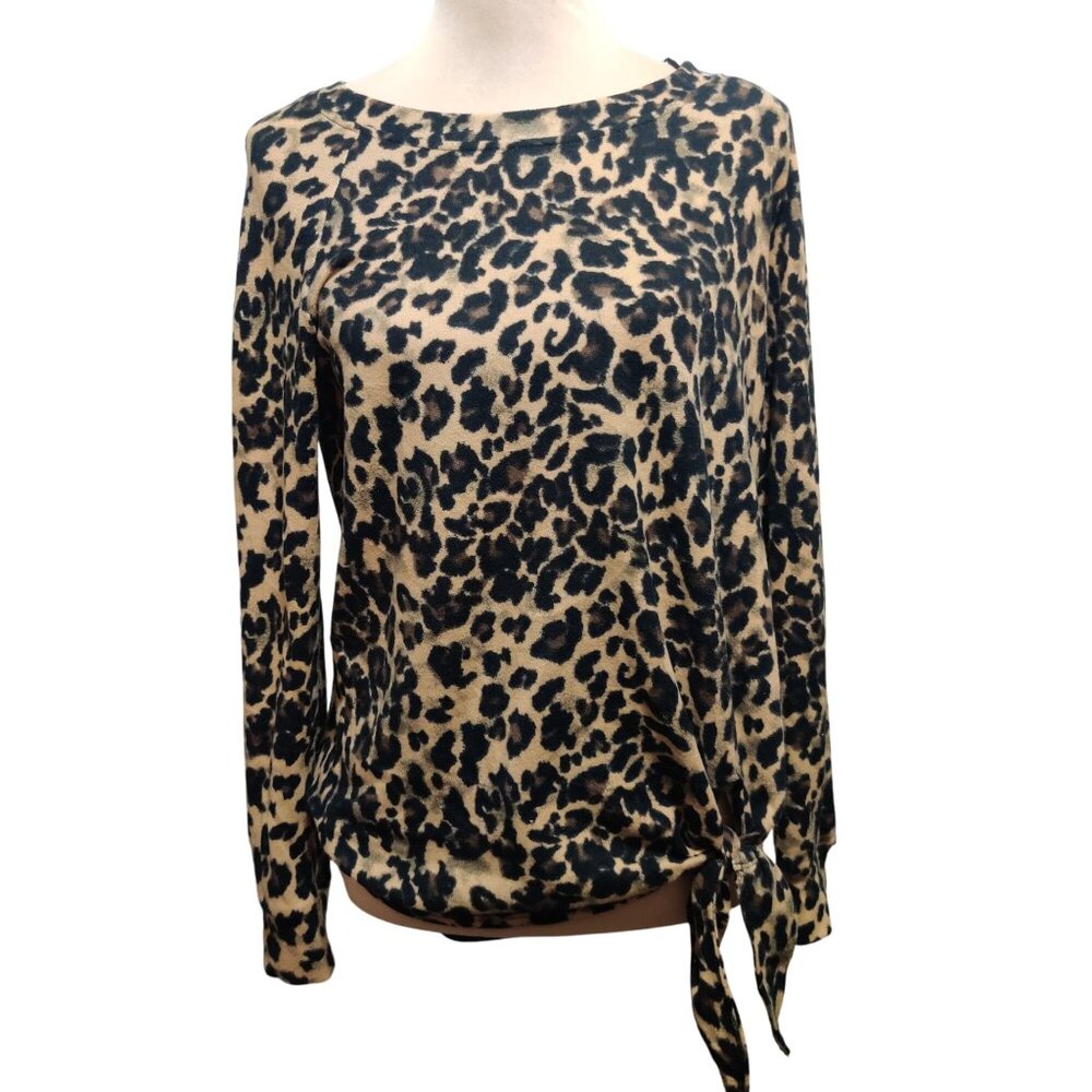 Nine Britton S Leopard Print Blouse Long Sleeve Crew Neck Front Tie Animal Top